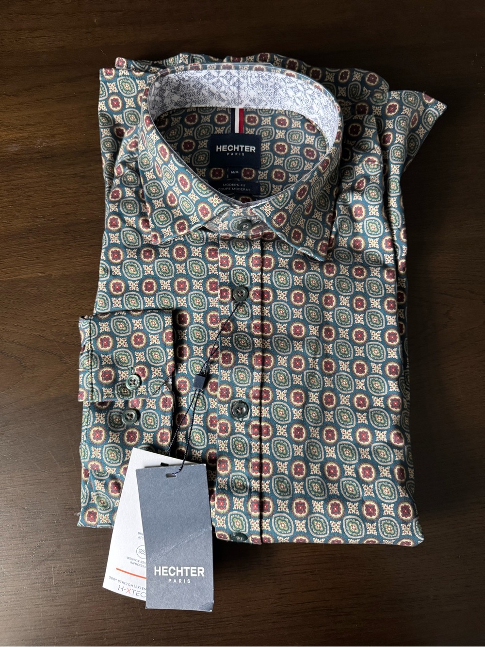 NWT Hechter Paris Men’s Modern Fit Geometric Print Dress Shirt Dark Green M